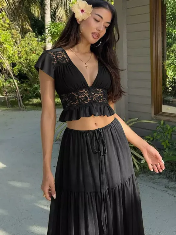 Vacation Skirt Suits Maxi Lace Short Sleeves V-Neck Chic Avocado Green Skirt Suits