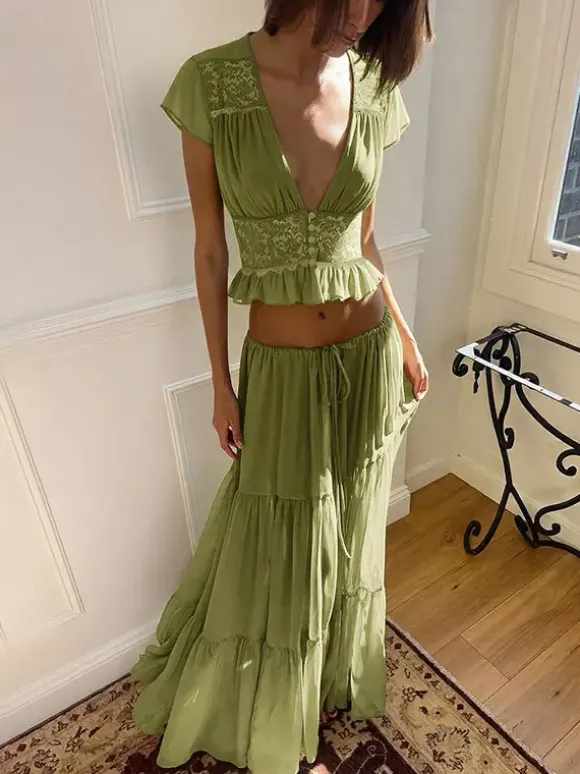 Vacation Skirt Suits Maxi Lace Short Sleeves V-Neck Chic Avocado Green Skirt Suits