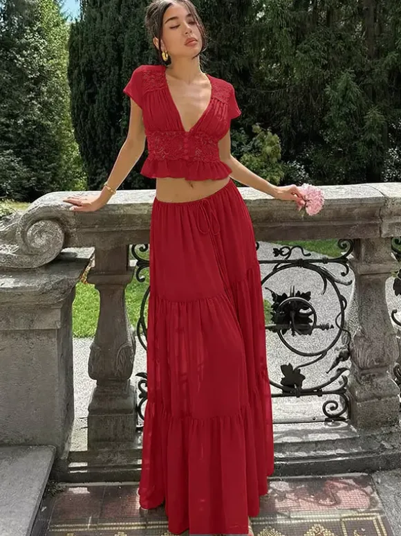 Vacation Skirt Suits Maxi Lace Short Sleeves V-Neck Chic Avocado Green Skirt Suits