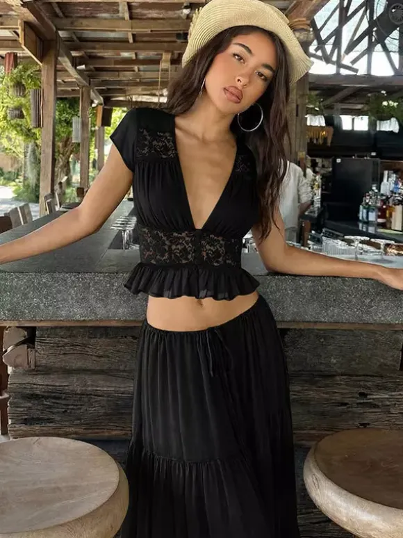Vacation Skirt Suits Maxi Lace Short Sleeves V-Neck Chic Avocado Green Skirt Suits