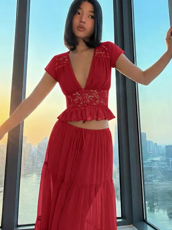 Vacation Skirt Suits Maxi Lace Short Sleeves V-Neck Chic Avocado Green Skirt Suits