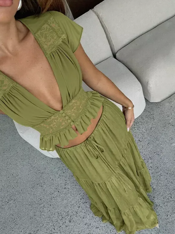 Vacation Skirt Suits Maxi Lace Short Sleeves V-Neck Chic Avocado Green Skirt Suits