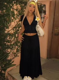Vacation Skirt Suits Maxi Lace Short Sleeves V-Neck Chic Avocado Green Skirt Suits
