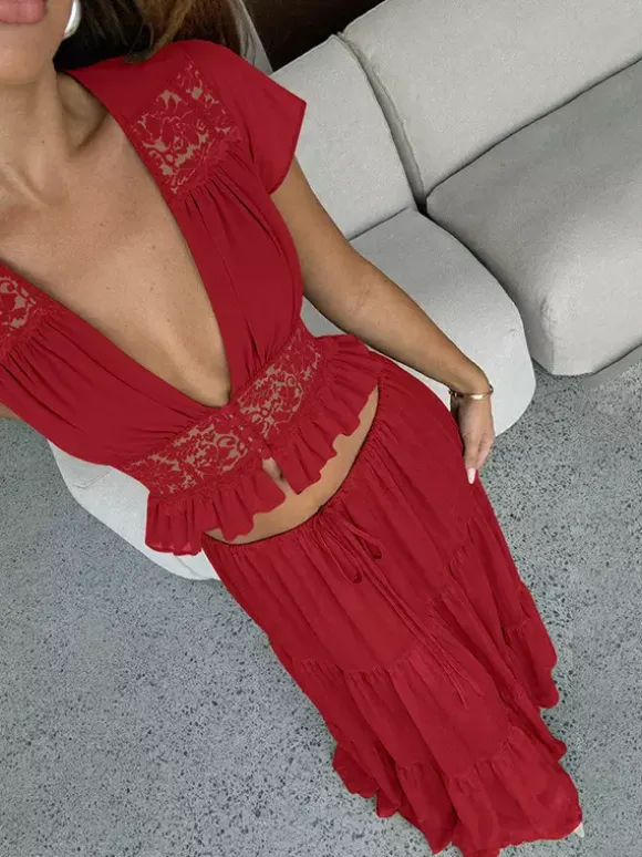Vacation Skirt Suits Maxi Lace Short Sleeves V-Neck Chic Avocado Green Skirt Suits