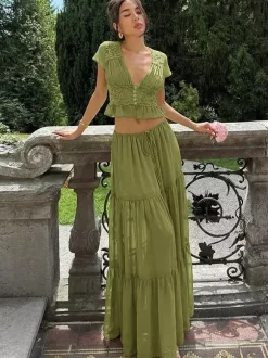 Vacation Skirt Suits Maxi Lace Short Sleeves V-Neck Chic Avocado Green Skirt Suits