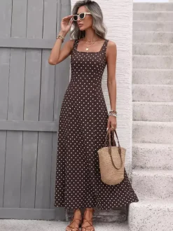 Vacation Sundress Brown Polka Dot Spaghetti Strap Maxi Women Flowy Swing Summer Dress