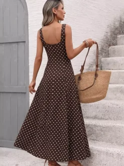 Vacation Sundress Brown Polka Dot Spaghetti Strap Maxi Women Flowy Swing Summer Dress