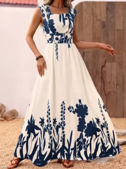 Vacation Sundress Dark Blue Block Floral Square Neck Sleeveless Flowy Boho Beach Summer Dress