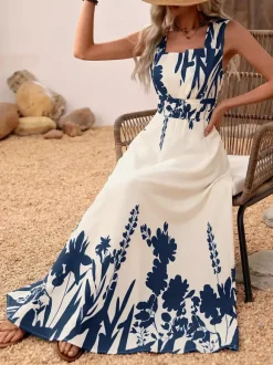 Vacation Sundress Dark Blue Block Floral Square Neck Sleeveless Flowy Boho Beach Summer Dress