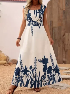 Vacation Sundress Dark Blue Block Floral Square Neck Sleeveless Flowy Boho Beach Summer Dress