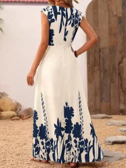 Vacation Sundress Dark Blue Block Floral Square Neck Sleeveless Flowy Boho Beach Summer Dress