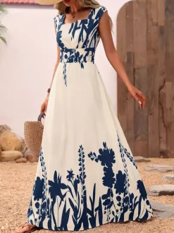 Vacation Sundress Dark Blue Block Floral Square Neck Sleeveless Flowy Boho Beach Summer Dress