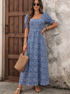 Vacation Sundress Dark Blue Tiny Floral Square Neck Long Puff Sleeve Elastic Waist Flowy Maxi Summer Casual Dress
