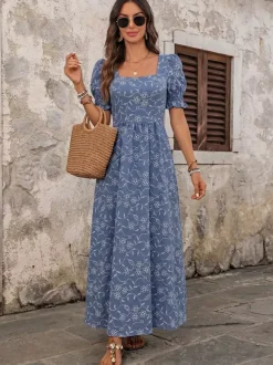 Vacation Sundress Dark Blue Tiny Floral Square Neck Long Puff Sleeve Elastic Waist Flowy Maxi Summer Casual Dress