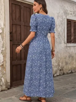 Vacation Sundress Dark Blue Tiny Floral Square Neck Long Puff Sleeve Elastic Waist Flowy Maxi Summer Casual Dress
