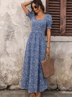 Vacation Sundress Dark Blue Tiny Floral Square Neck Long Puff Sleeve Elastic Waist Flowy Maxi Summer Casual Dress