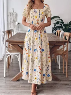 Vacation Sundress Maxi Square Neck Short Sleeves Floral Print Flowy Dress