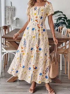 Vacation Sundress Maxi Square Neck Short Sleeves Floral Print Flowy Dress