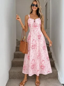 Vacation Sundress Pink Tiny Floral Print Spaghetti Strap Casual Flowy Midi Dress