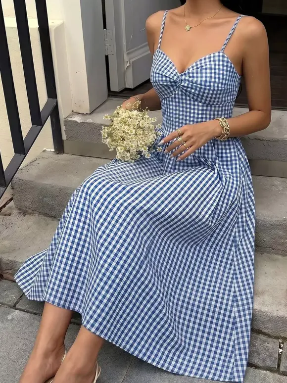 Vacation Sundress Spaghetti Strap Midi Blue White Cami Twist Bust Elastic Back Flowy Dress