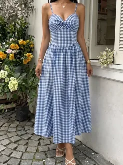 Vacation Sundress Spaghetti Strap Midi Blue White Cami Twist Bust Elastic Back Flowy Dress