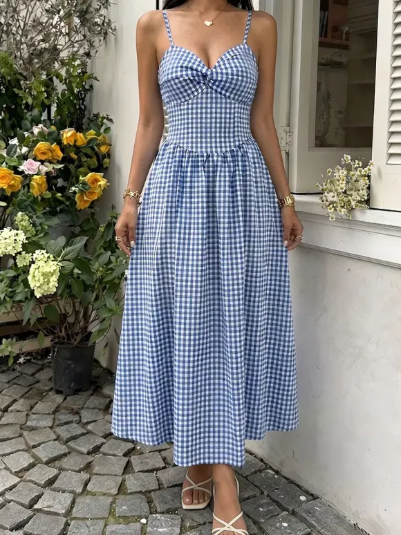 Vacation Sundress Spaghetti Strap Midi Blue White Cami Twist Bust Elastic Back Flowy Dress