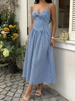 Vacation Sundress Spaghetti Strap Midi Blue White Cami Twist Bust Elastic Back Flowy Dress