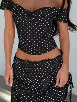 Vacation Two-Piece Set Maxi Flower Ruffled Short Sleeves Off-Shoulder Crop Top Maxi Skirt Sets