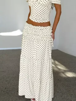 Vacation Two-Piece Set Maxi Flower Ruffled Short Sleeves Off-Shoulder Crop Top Maxi Skirt Sets