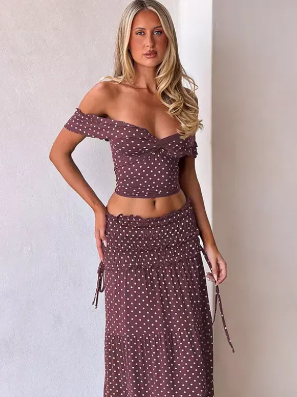 Vacation Two-Piece Set Maxi Flower Ruffled Short Sleeves Off-Shoulder Crop Top Maxi Skirt Sets