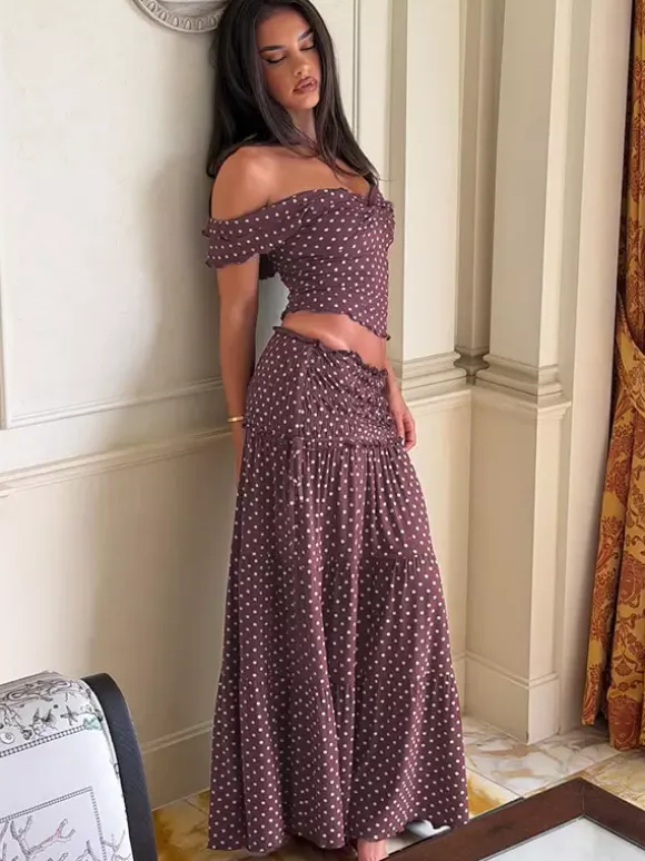Vacation Two-Piece Set Maxi Flower Ruffled Short Sleeves Off-Shoulder Crop Top Maxi Skirt Sets