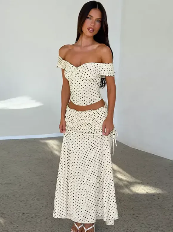 Vacation Two-Piece Set Maxi Flower Ruffled Short Sleeves Off-Shoulder Crop Top Maxi Skirt Sets
