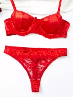 Valentine's Day 2-Piece Lingerie Lace Red Shiny Satin Bra Panty Sets