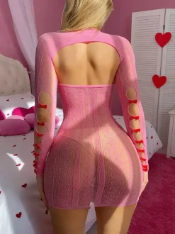 Valentine's Day Pink Striped Chemise Fishnet Pink Nylon Bows Seductive Hollow-Out Mini Lingerie
