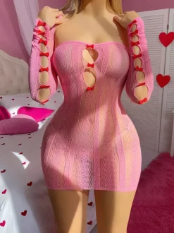 Valentine's Day Pink Striped Chemise Fishnet Pink Nylon Bows Seductive Hollow-Out Mini Lingerie