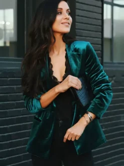 Velour Blazer Jacket For Women Green Burgundy Solid Color Casual Slim Fit Spring Fall Street Outerwear