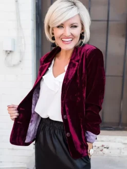 Velour Blazer Jacket For Women Green Burgundy Solid Color Casual Slim Fit Spring Fall Street Outerwear