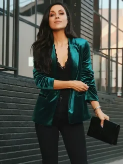 Velour Blazer Jacket For Women Green Burgundy Solid Color Casual Slim Fit Spring Fall Street Outerwear
