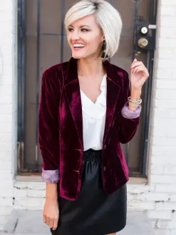 Velour Blazer Jacket For Women Green Burgundy Solid Color Casual Slim Fit Spring Fall Street Outerwear