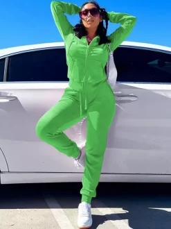 Velour Zip Up Slim Fit Hoodie Jogger Set For Women 2026