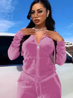 Velour Zip Up Slim Fit Hoodie Jogger Set For Women 2026