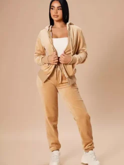 Velour Zip Up Slim Fit Hoodie Jogger Set For Women 2026