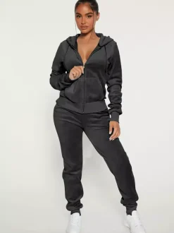 Velour Zip Up Slim Fit Hoodie Jogger Set For Women 2026