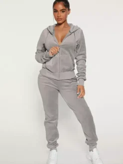 Velour Zip Up Slim Fit Hoodie Jogger Set For Women 2026