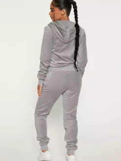 Velour Zip Up Slim Fit Hoodie Jogger Set For Women 2026