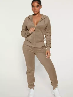 Velour Zip Up Slim Fit Hoodie Jogger Set For Women 2026