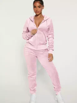 Velour Zip Up Slim Fit Hoodie Jogger Set For Women 2026