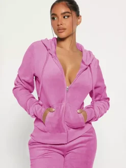 Velour Zip Up Slim Fit Hoodie Jogger Set For Women 2026