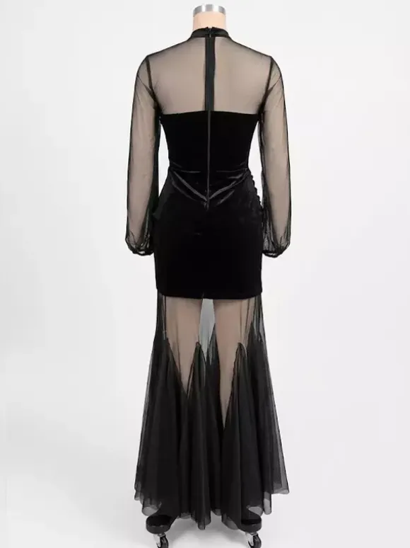 Velvet Corset Maxi Dress For Women - Black Sheer Mesh Long Sleeve Bodycon Mermaid Gown - Spring Formal Party 2026