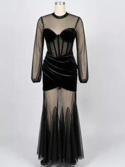 Velvet Corset Maxi Dress For Women - Black Sheer Mesh Long Sleeve Bodycon Mermaid Gown - Spring Formal Party 2026